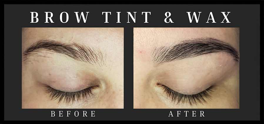 Before and after of a brow tint and wax at Hideaway Spa in Windsor